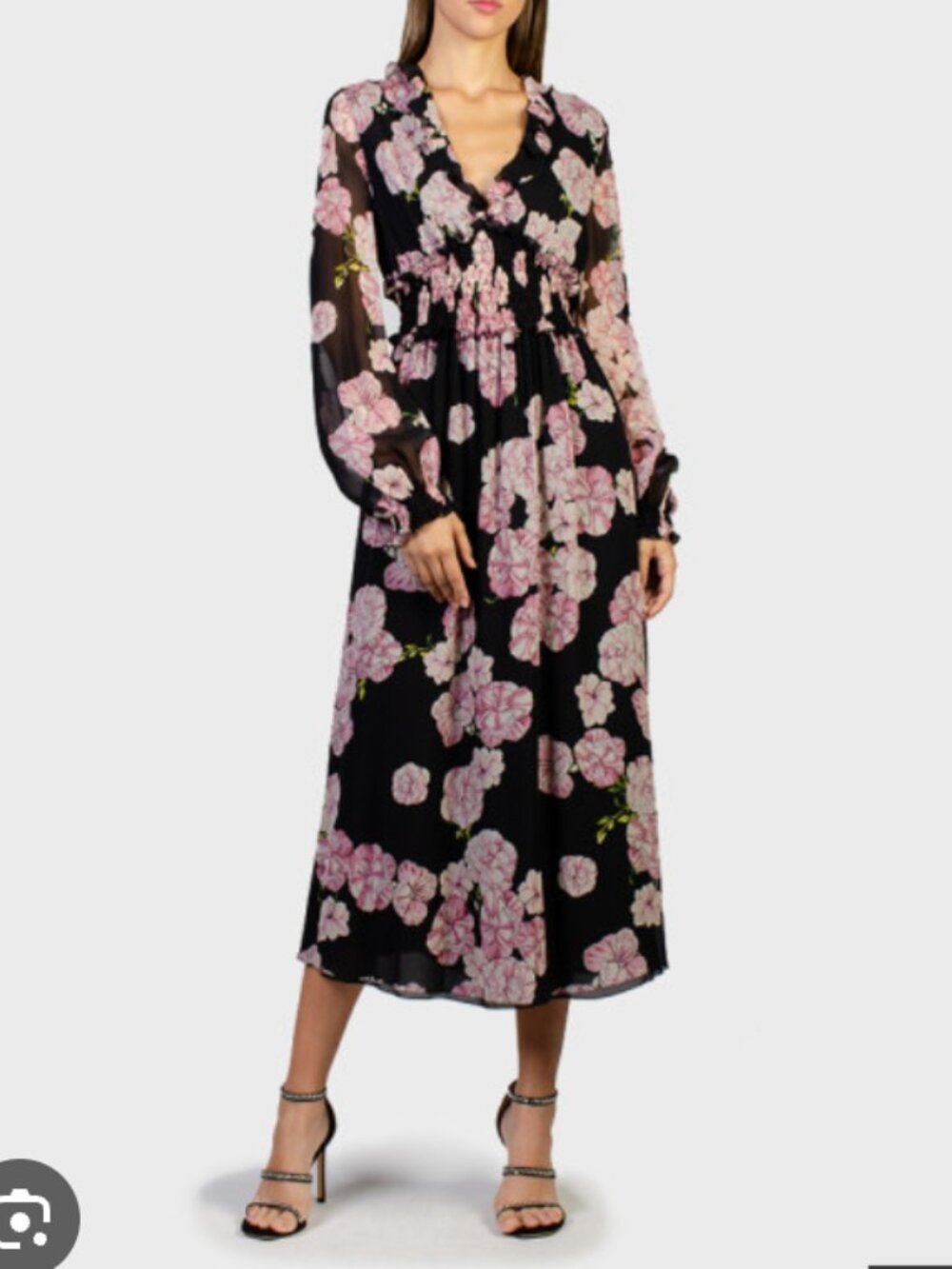 Giambattista Valli Silk Black Pink Floral Print Pleated & Ruffle Princess Dress